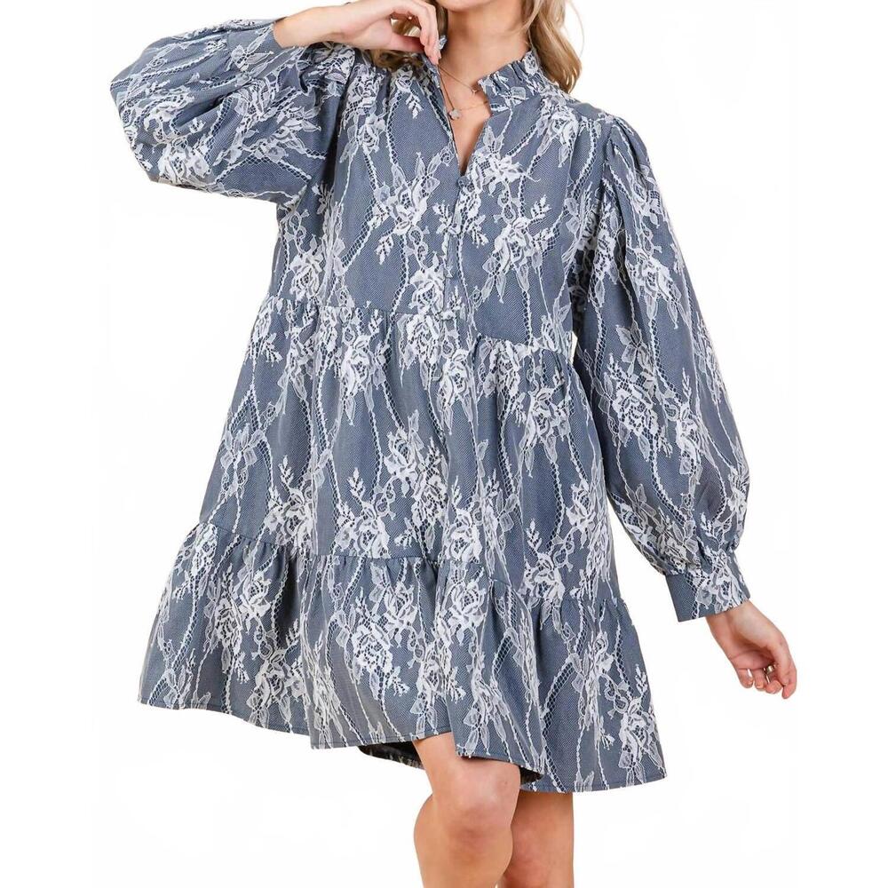 Blue Floral Lace-Print Mini Dress - Women